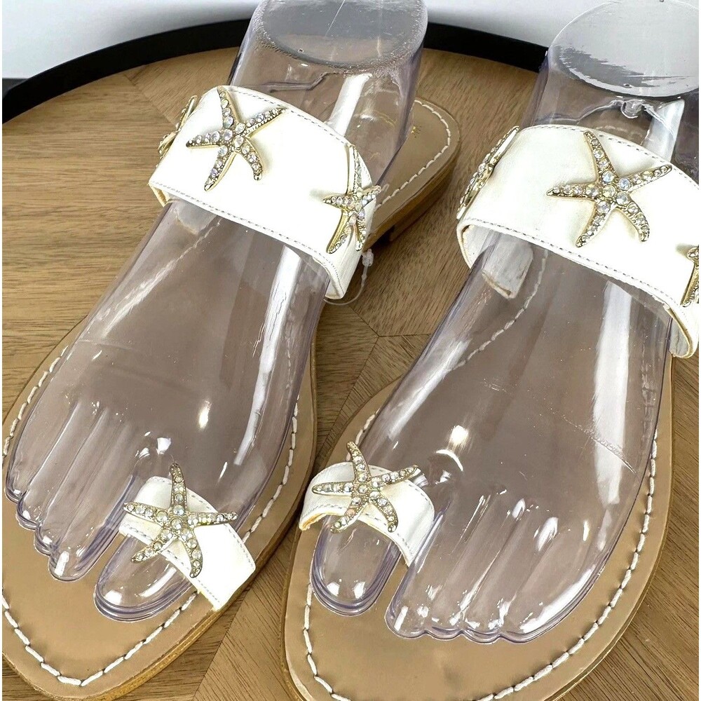 Miss Trish Capri Womens 11 Strappy Flip Flop Starfish White Gold Crystal Sandals